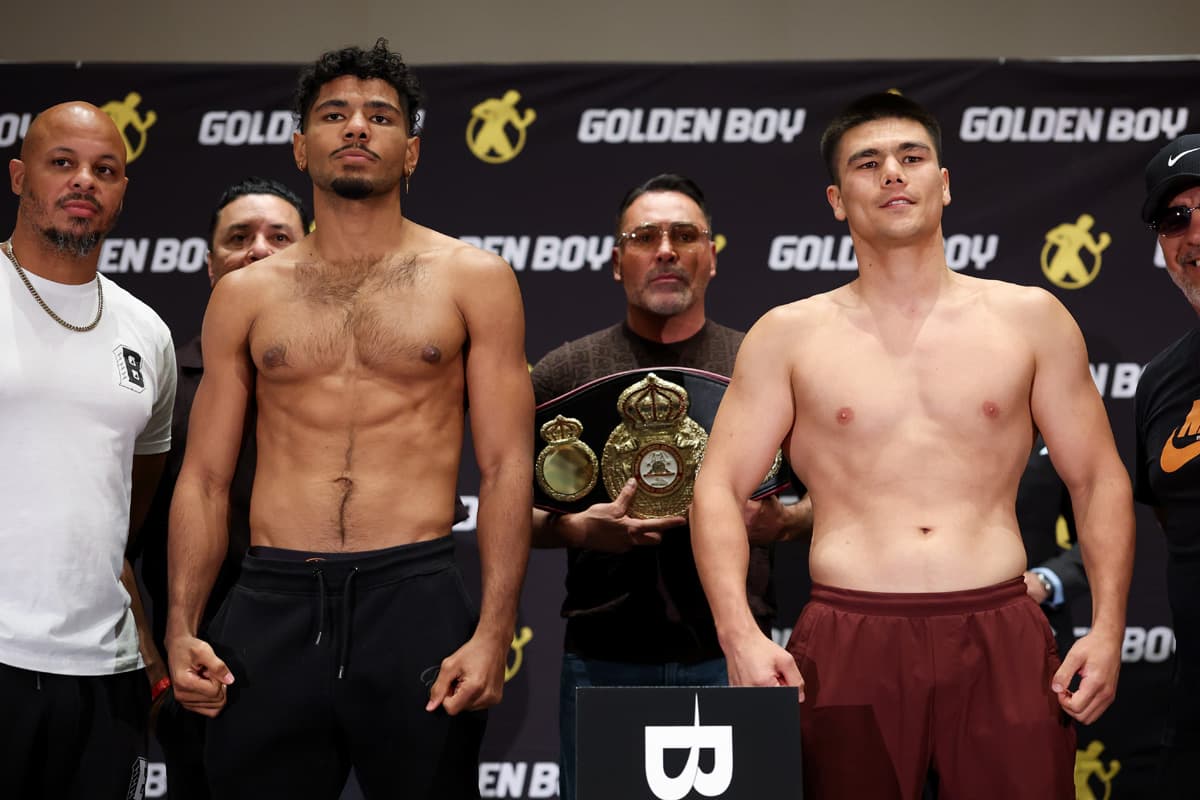 Darius Fulghum and Bektemir Melikuziev during the weigh-in ahead of their boxing bout in Las Vegas