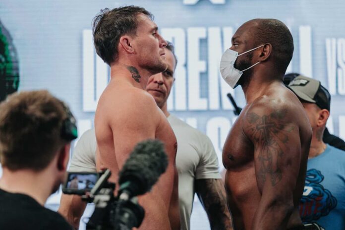 Darren Till and Darren Stewart come face-to-face at the weigh-in ahead of their bout at Misfits Boxing 21 in Derby, England