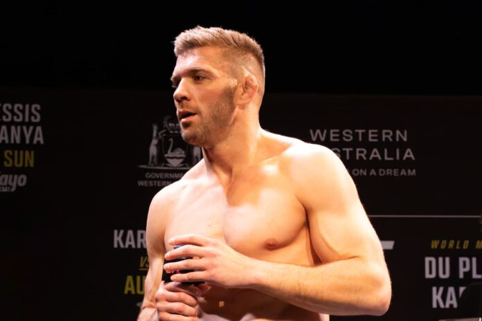 Dricus du Plessis during the UFC 305 public workout ahead of his bout against Israel Adesanya