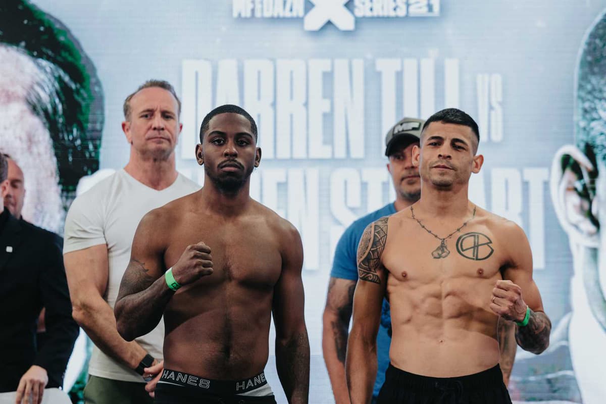 Dylan Price and Ckari Cani Mansilla during the Misfits Boxing 21 weigh-in in Derby, England
