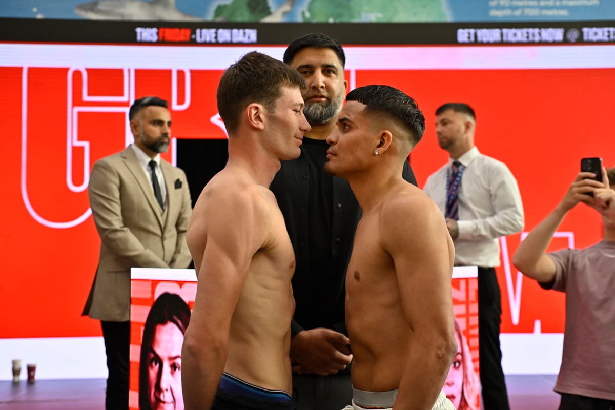 Edward Hardy and Darwing Martinez at the weigh-in ahead of their boxing bout in Doncaster