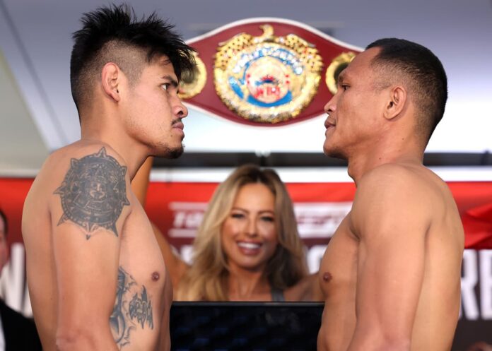 Emanuel Navarrete and Charly Suarez come face-to-face at the weigh-in, ahead of their boxing bout at Pechanga Arena in San Diego, CA
