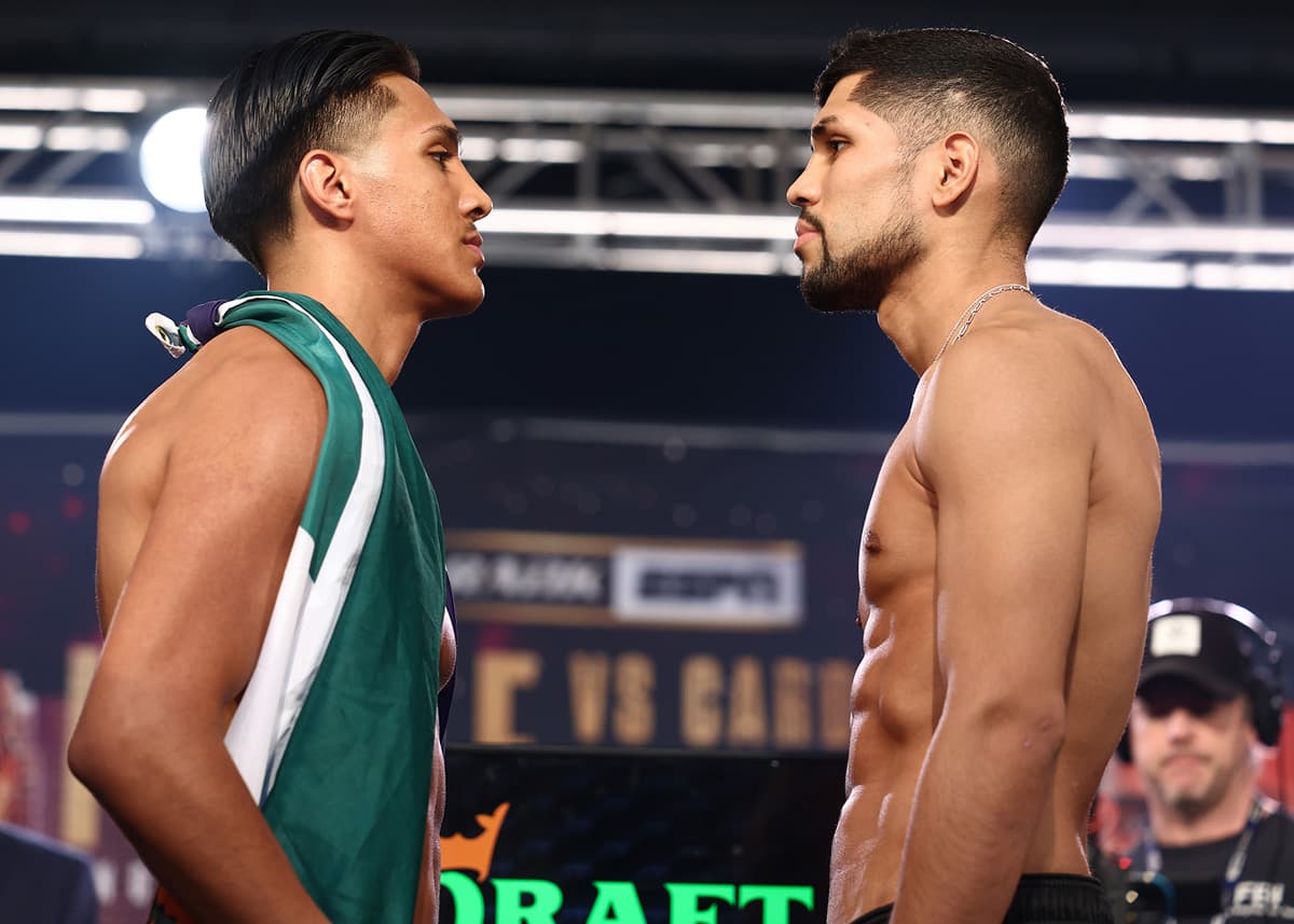 Emiliano Vargas and Juan Leon come face-to-face at the weigh-in ahead of their boxing bout in Las Vegas