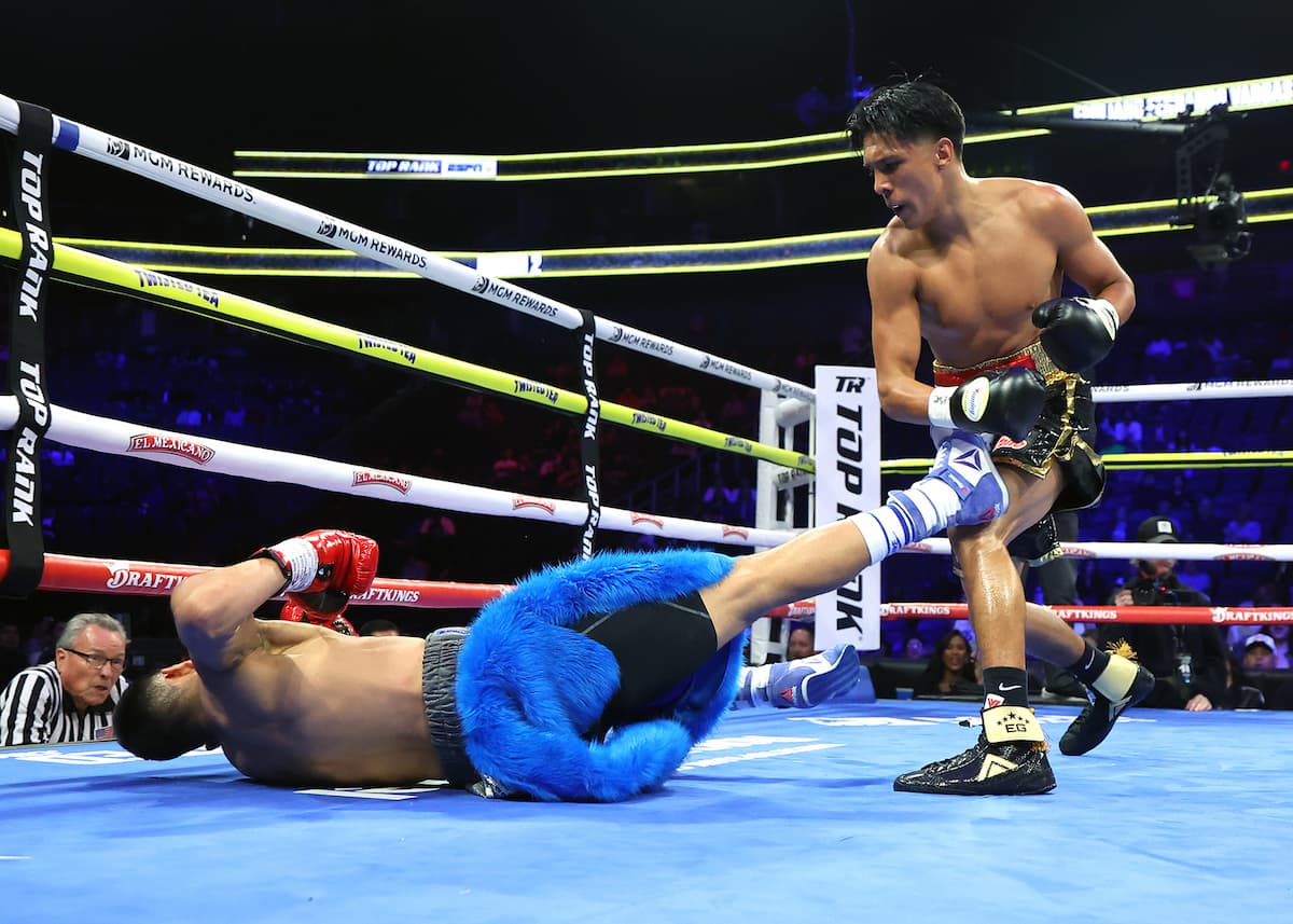 Emiliano Vargas knocks down Juan Leon during their boxing bout in Las Vegas