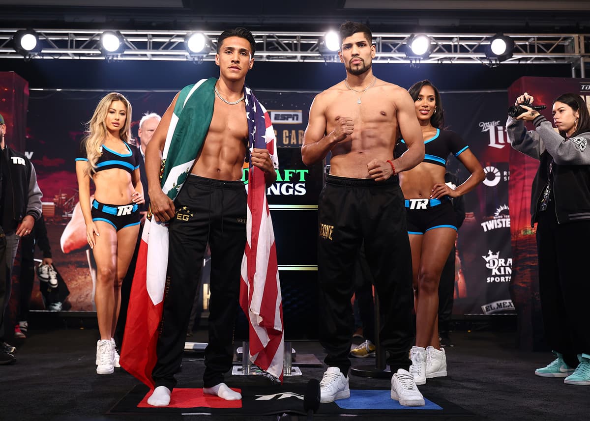 Emiliano Vargas and Juan Leon at the weigh-in ahead of their boxing bout in Las Vegas