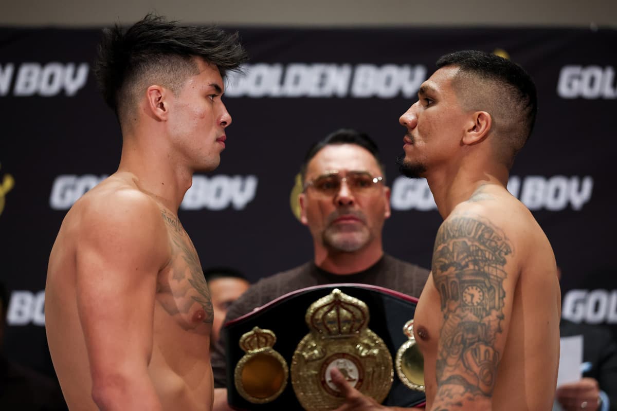 Eric Priest and Luis Arias during the weigh-in ahead of their boxing bout in Las Vegas