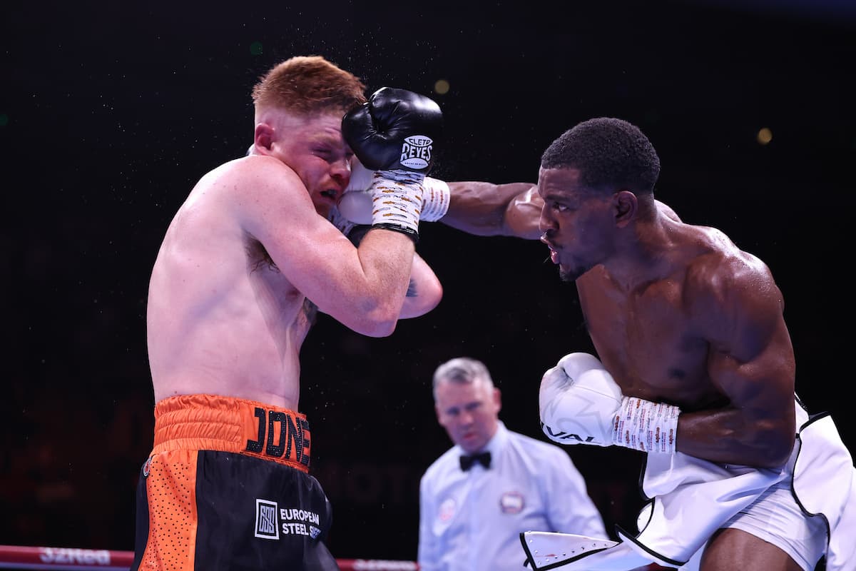 Ezra Taylor punches Troy Jones during their boxing bout at Motorpoint Arena Nottingham