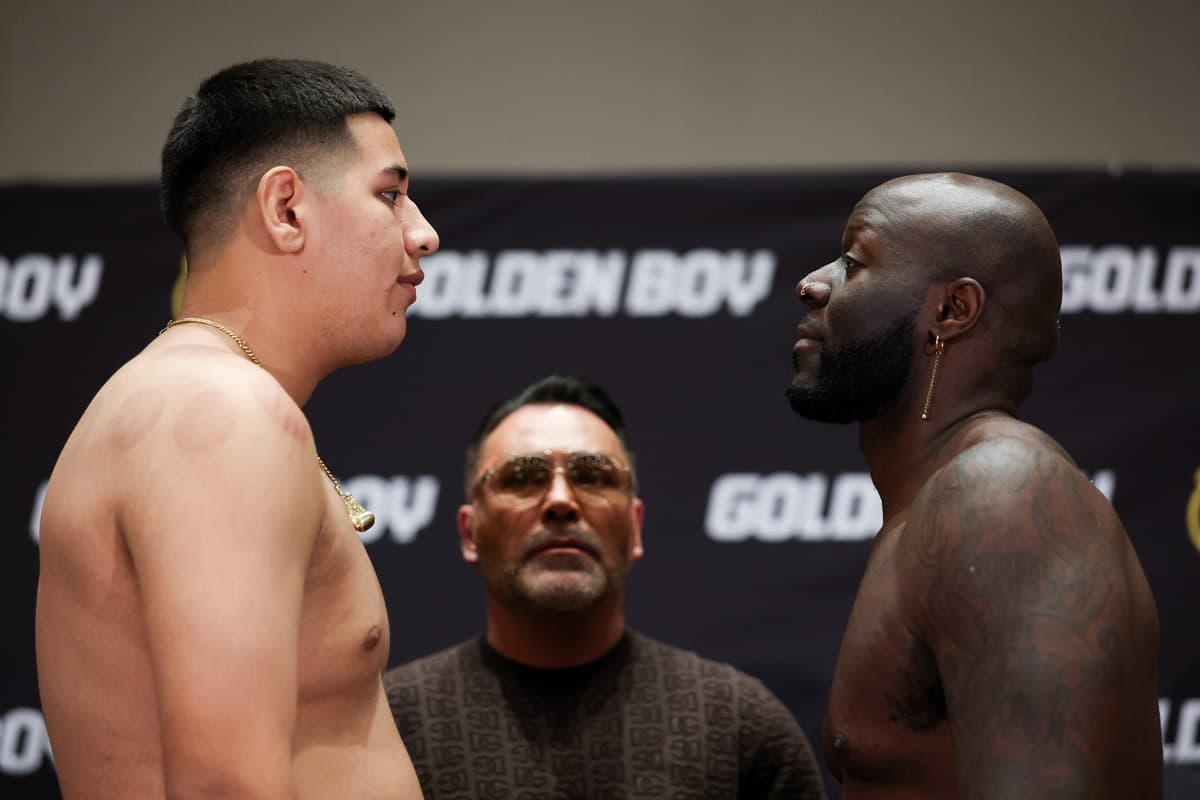 Federico Pacheco Jr and Calvin Barnett during the weigh-in ahead of their boxing bout in Las Vegas