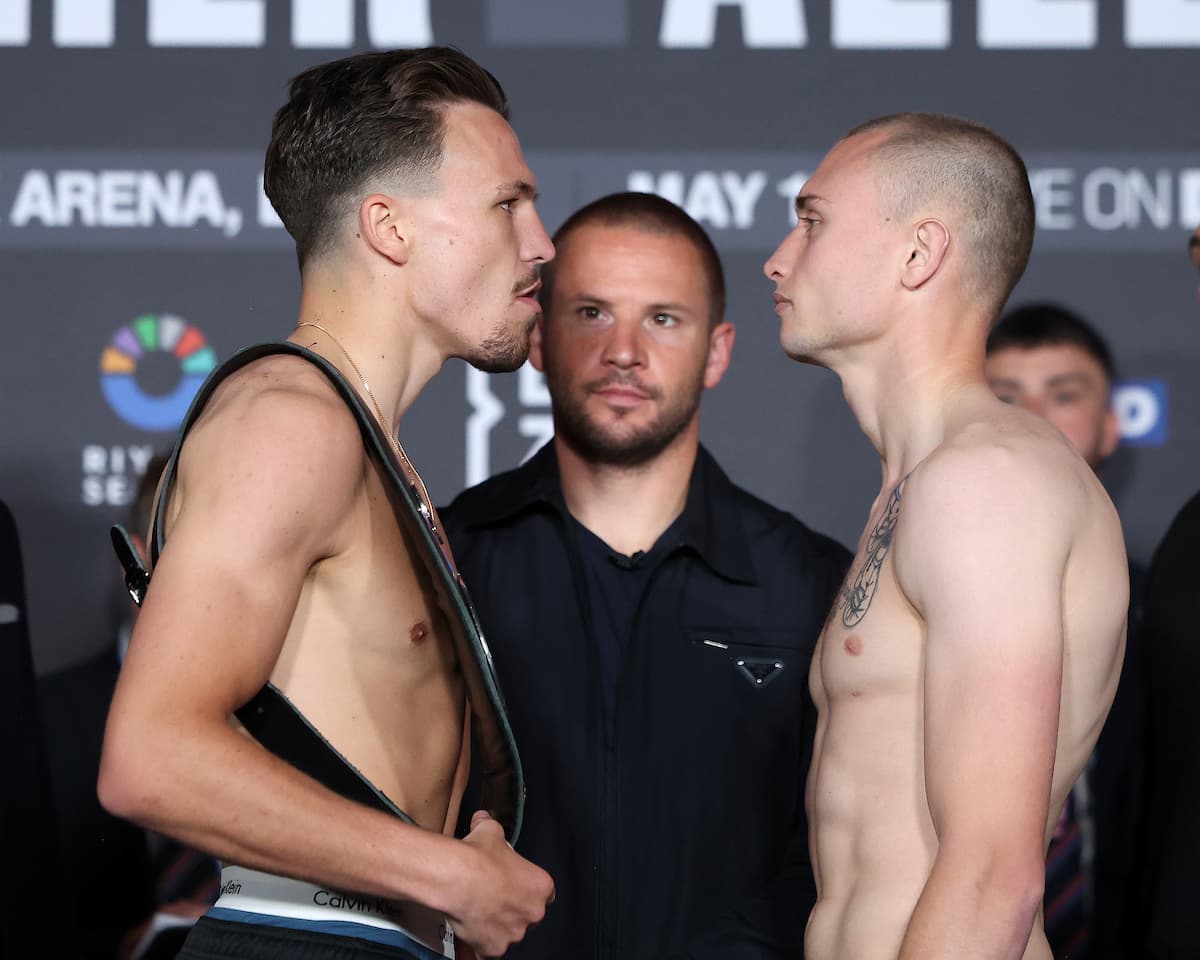 George Liddard and Aaron Sutton during the weigh-in ahead of their bout in London
