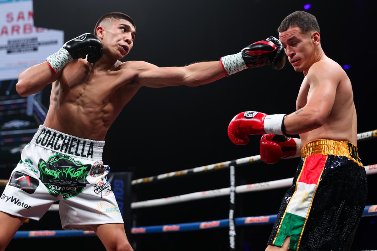 Grant Flores throws a jab during his bout against Brandon Diaz-Campos in Las Vegas