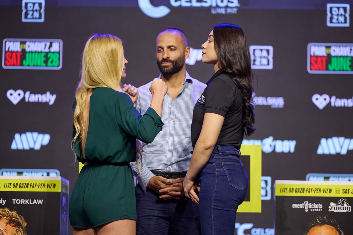 Holly Holm and Yolanda Vega Ochoa come face-to-face during the press conference in Los Angeles