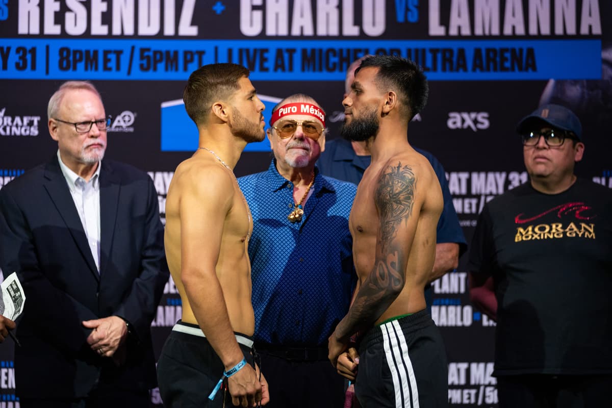 Isaac Lucero and Luis Omar Valenzuela come face-to-face during the weigh-in ahead of their bout in Las Vegas
