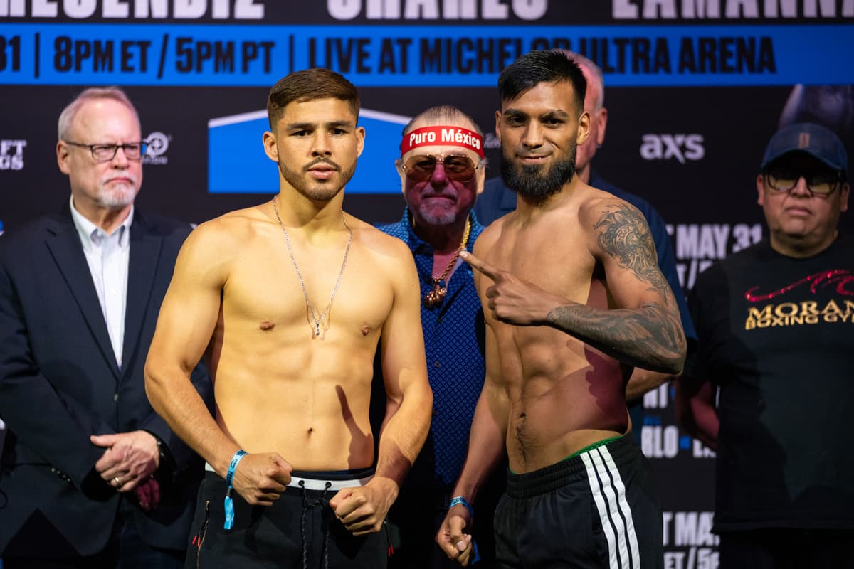 Isaac Lucero and Luis Omar Valenzuela during the weigh-in ahead of their bout in Las Vegas