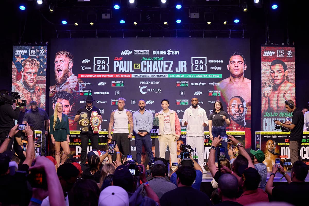 Holly Holm, Gilberto Ramirez, Jake Paul, Julio Cesar Chavez Jr, Yuniel Dorticos, and Yolanda Vega Ochoa during the press conference in Los Angeles