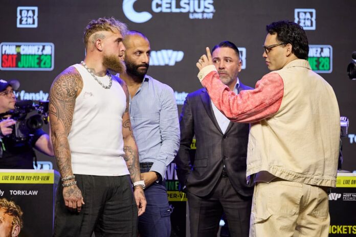 Jake Paul and Julio Cesar Chavez Jr come face-to-face during the press conference in Los Angeles