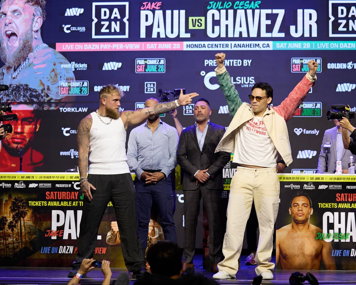 Jake Paul and Julio Cesar Chavez Jr during the press conference in Los Angeles