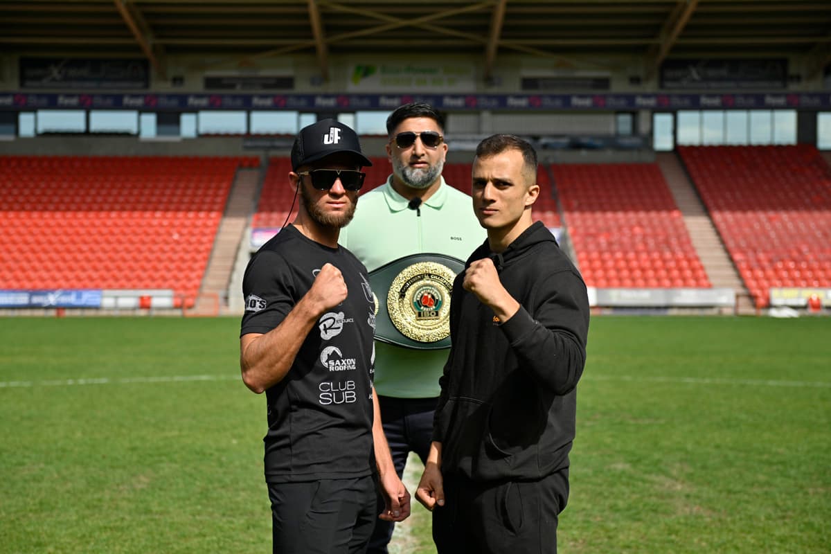 James Flint and Haithem Laamouz at Doncaster Stadium ahead of their boxing bout