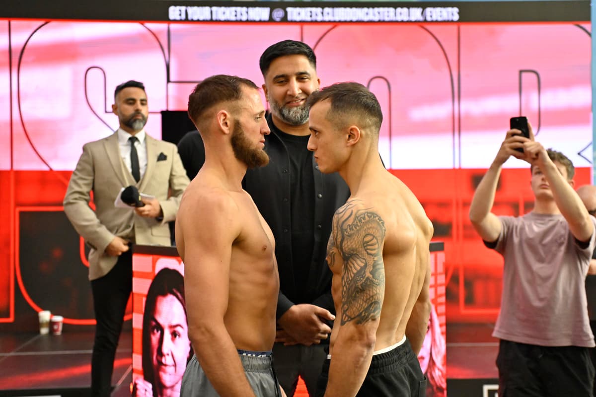 James Flint and Haithem Laamouz at the weigh-in ahead of their boxing bout in Doncaster