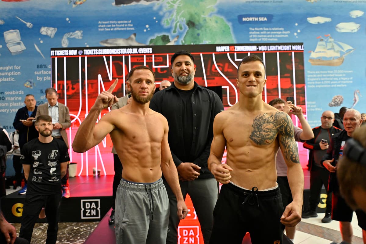 James Flint and Haithem Laamouz at the weigh-in ahead of their boxing bout in Doncaster