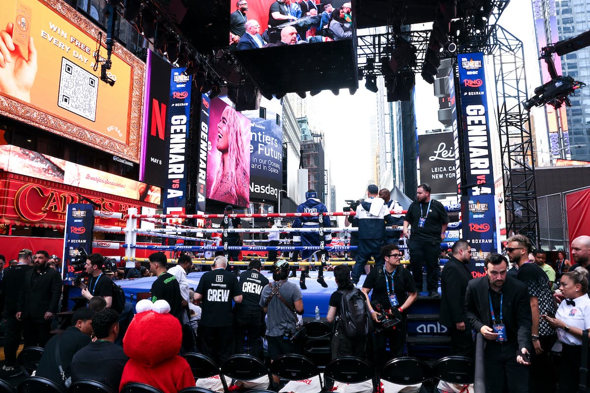 James Gennari and Joel Allen are in the ring during their boxing bout in Times Square, NYC