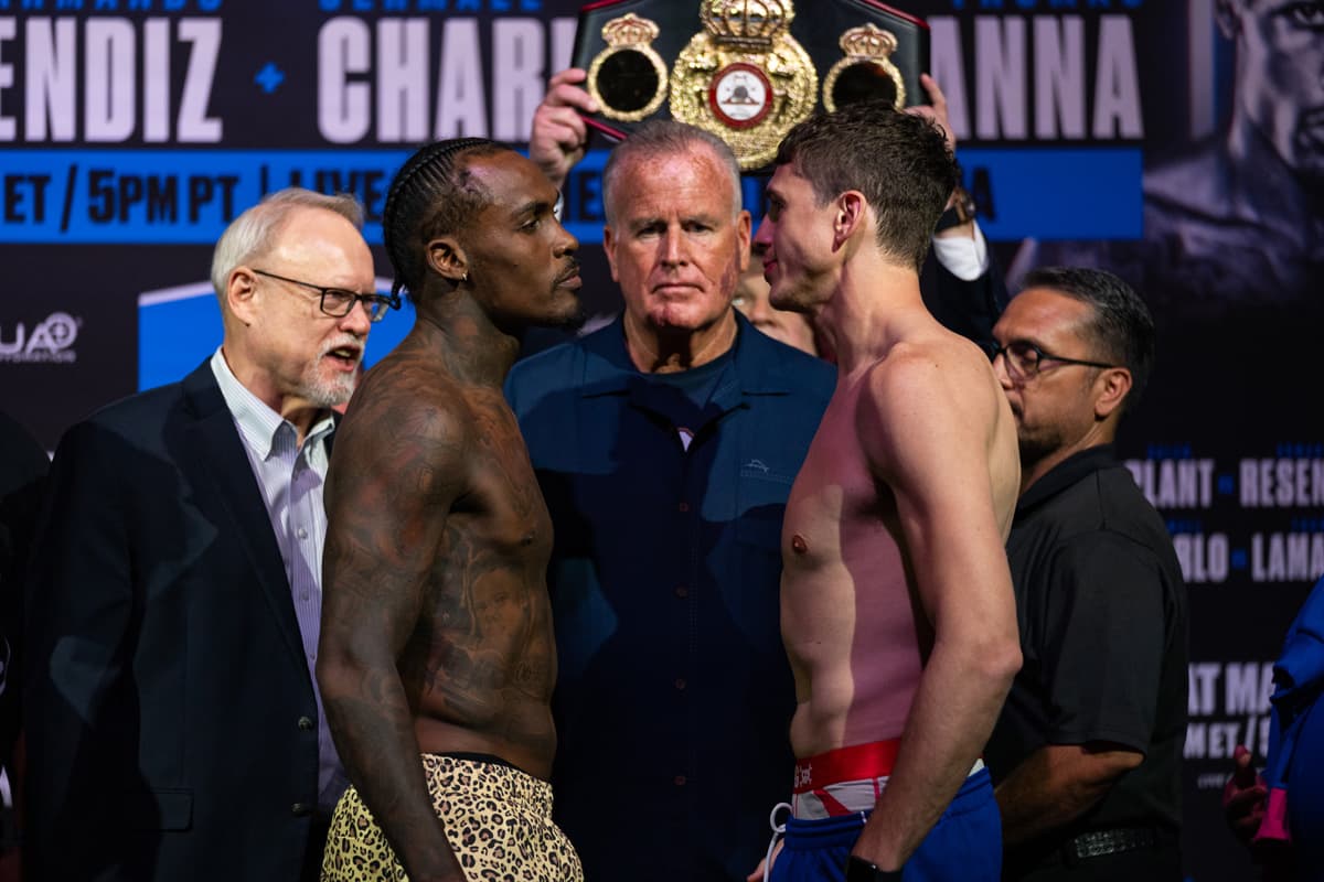 Jermall Charlo and Thomas LaManna come face-to-face during the weigh-in ahead of their bout in Las Vegas