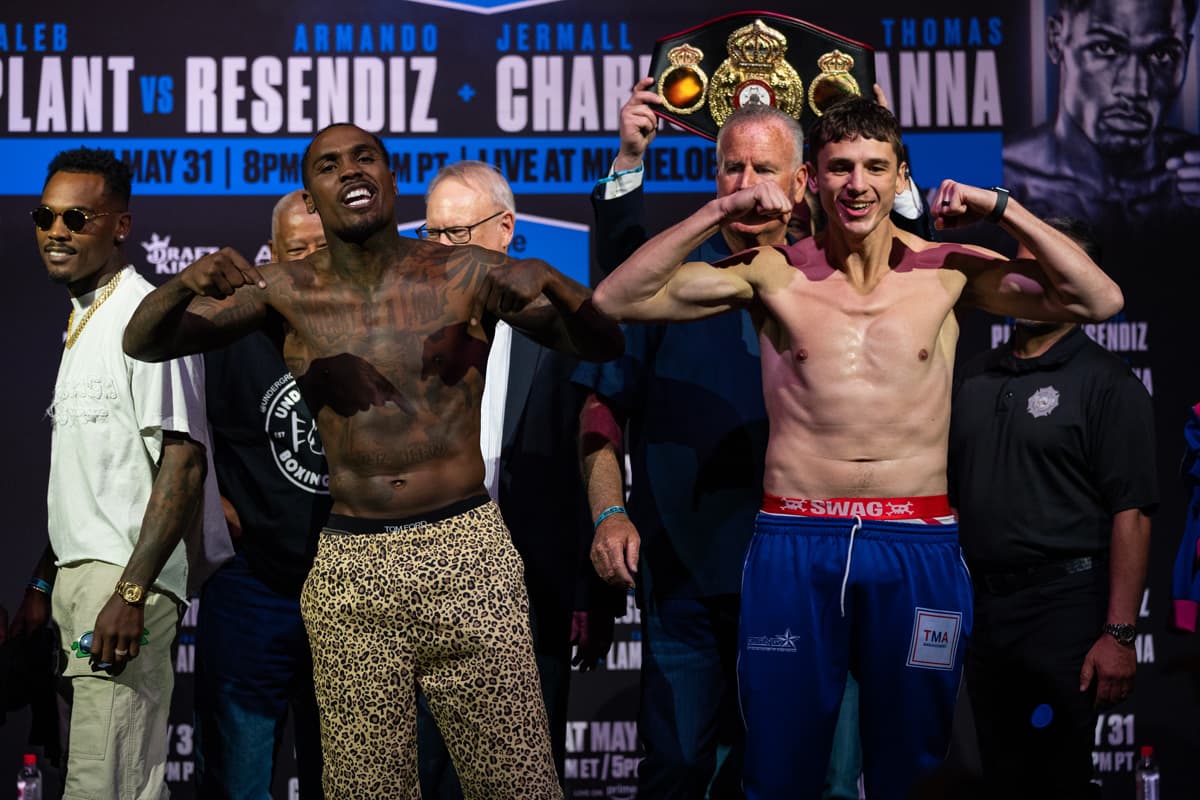 Jermall Charlo and Thomas LaManna during the weigh-in ahead of their bout in Las Vegas