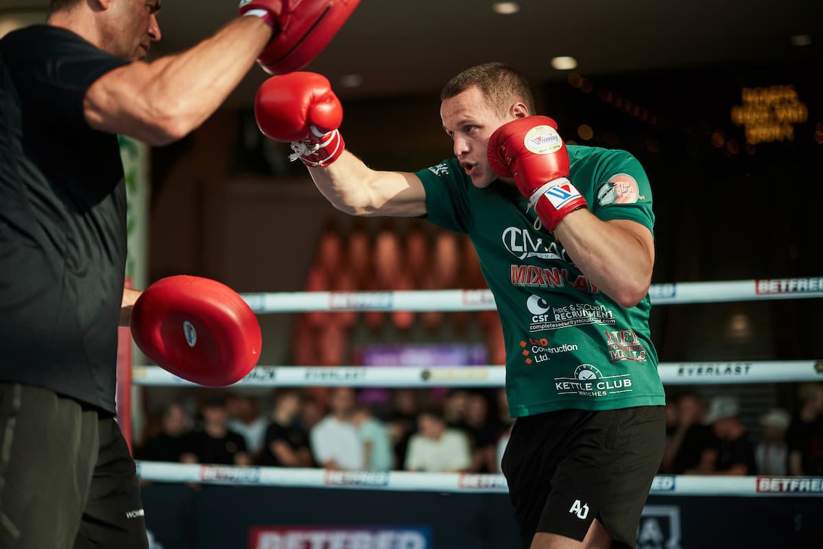 Jimmy Sains during a public workout in Romford, England ahead of his boxing bout against Gideon Onyenani