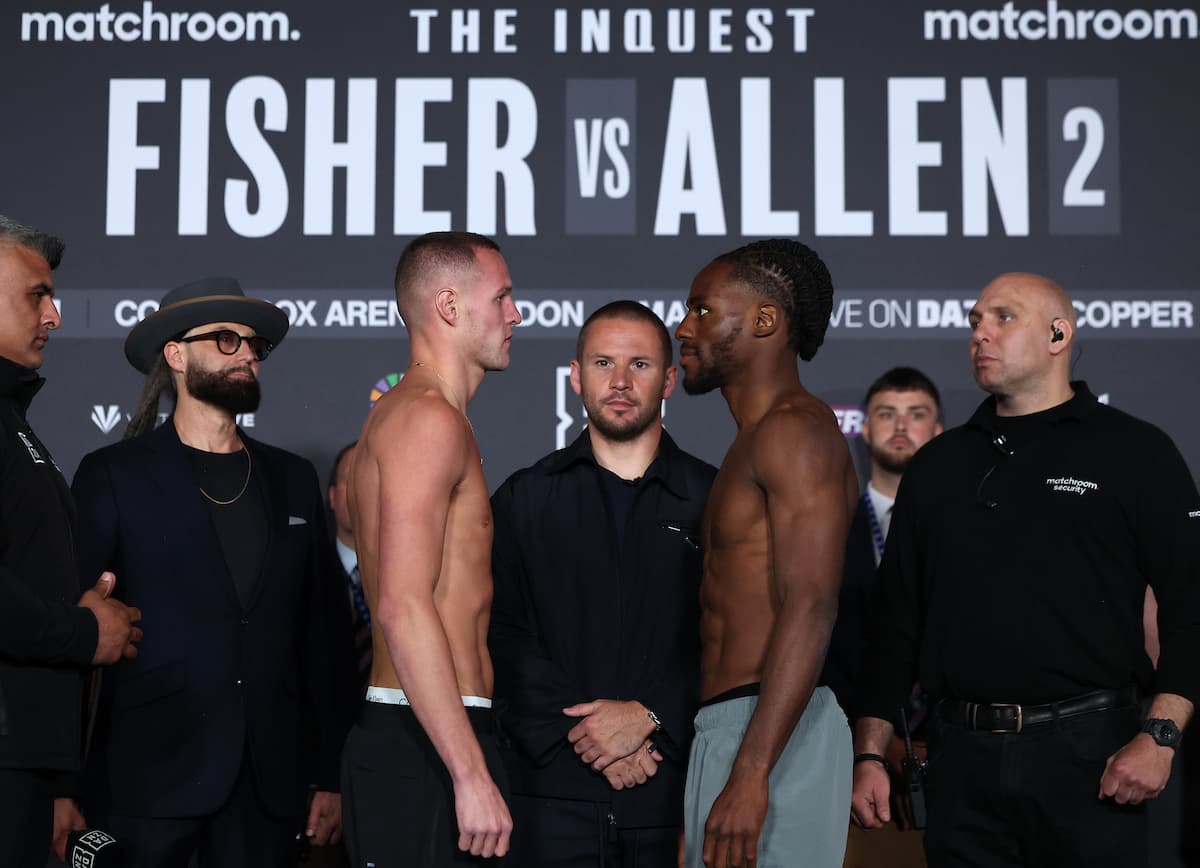 Jimmy Sains and Gideon Onyenani during the weigh-in ahead of their bout in London