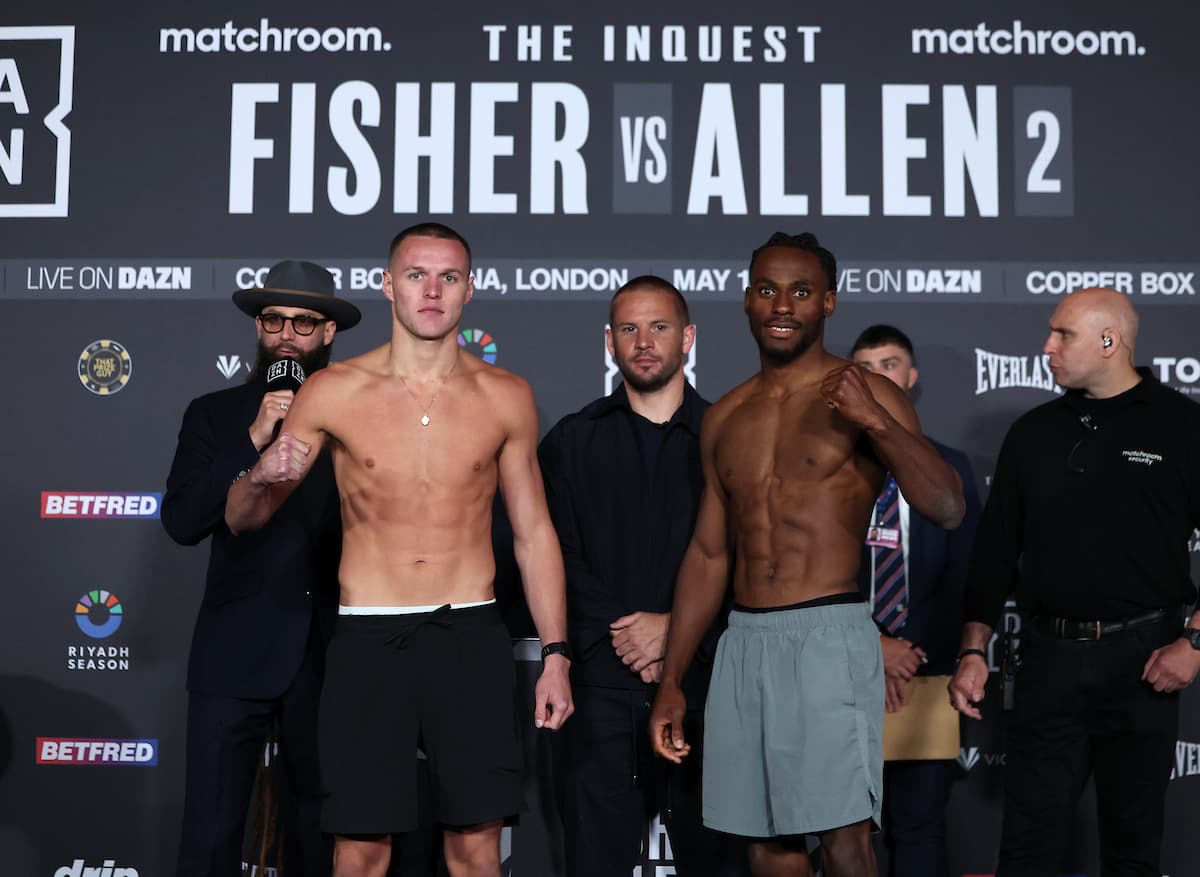 Jimmy Sains and Gideon Onyenani during the weigh-in ahead of their bout in London