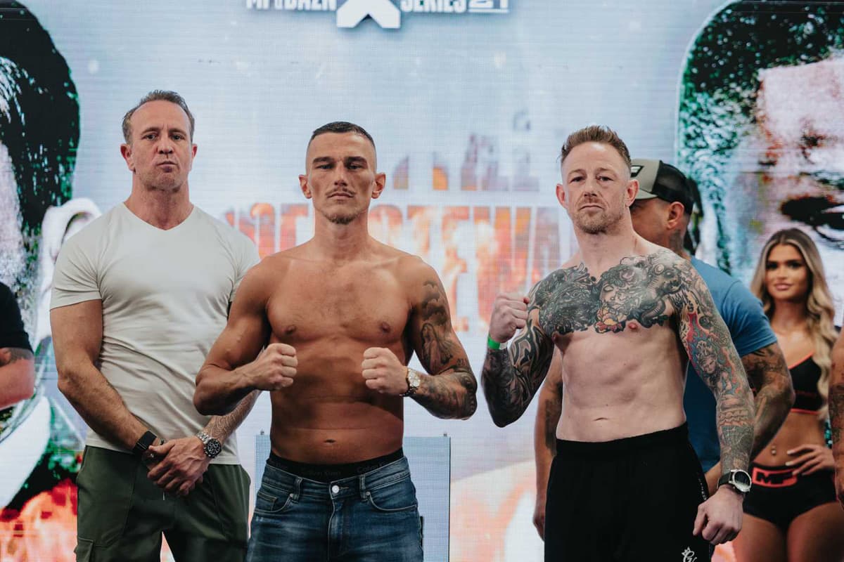 Joey Knight and Andy Howson during the Misfits Boxing 21 weigh-in in Derby, England
