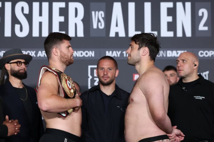 Johnny Fisher and David Allen come face-to-face at the weigh-in ahead of their boxing rematch in London