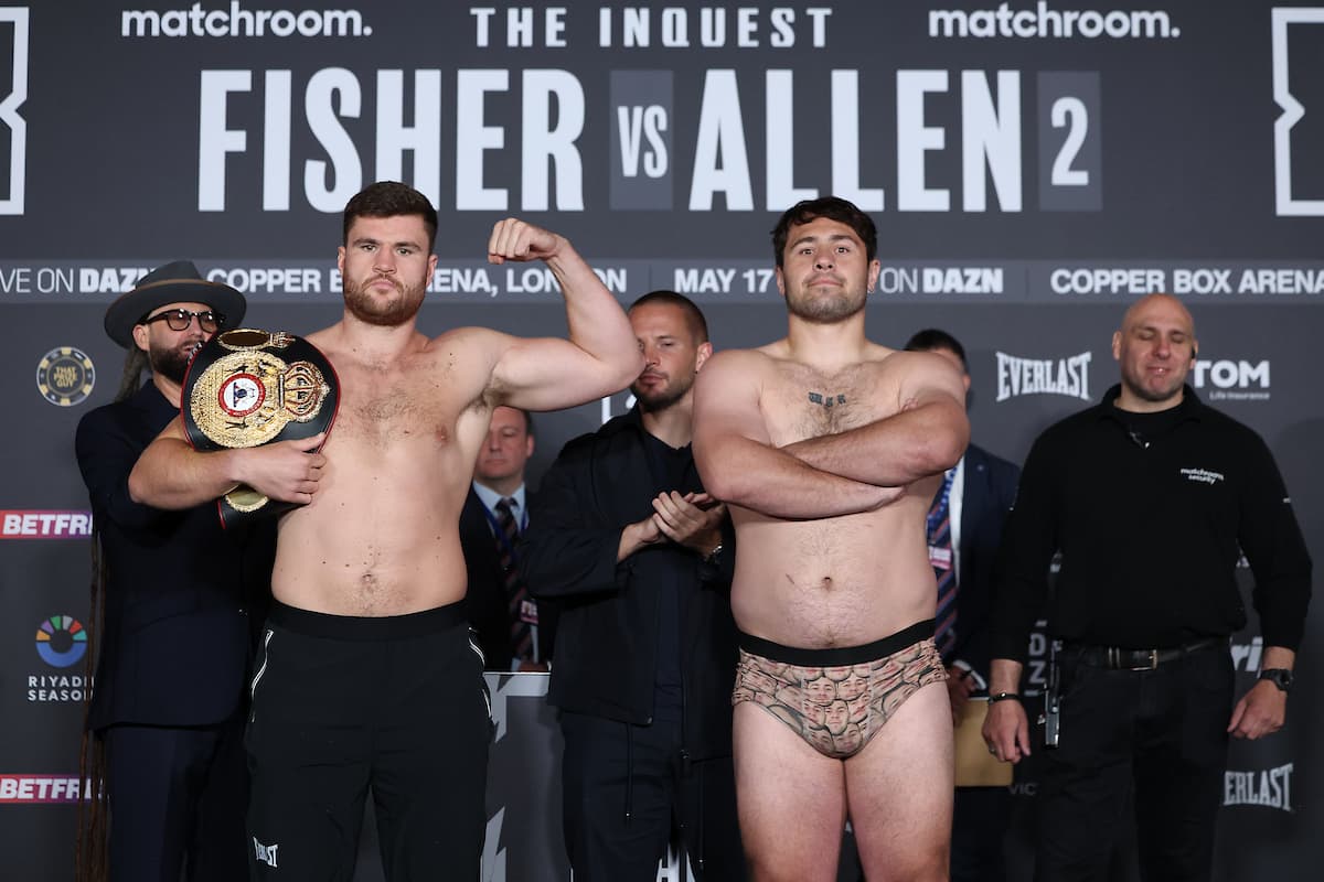 Johnny Fisher and David Allen at the weigh-in ahead of their boxing rematch in London
