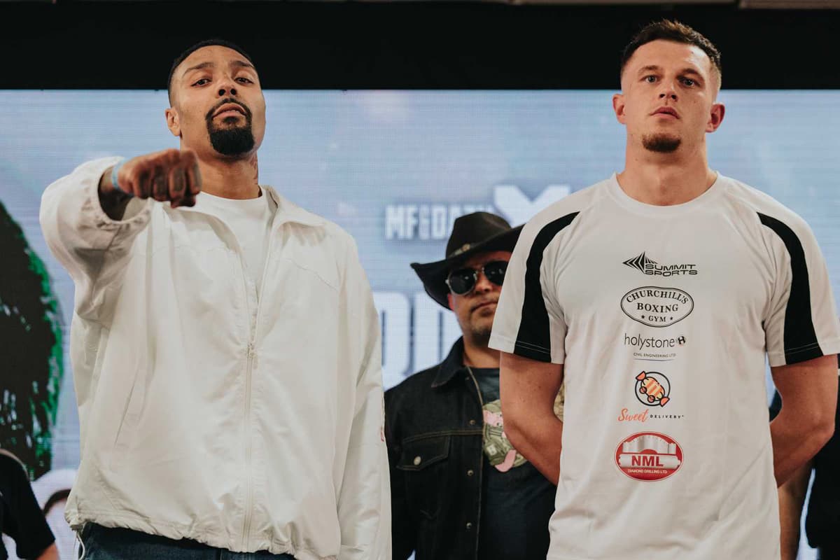 Jordan Banjo and Wil Anderson during the Misfits Boxing 21 press conference in Derby, England