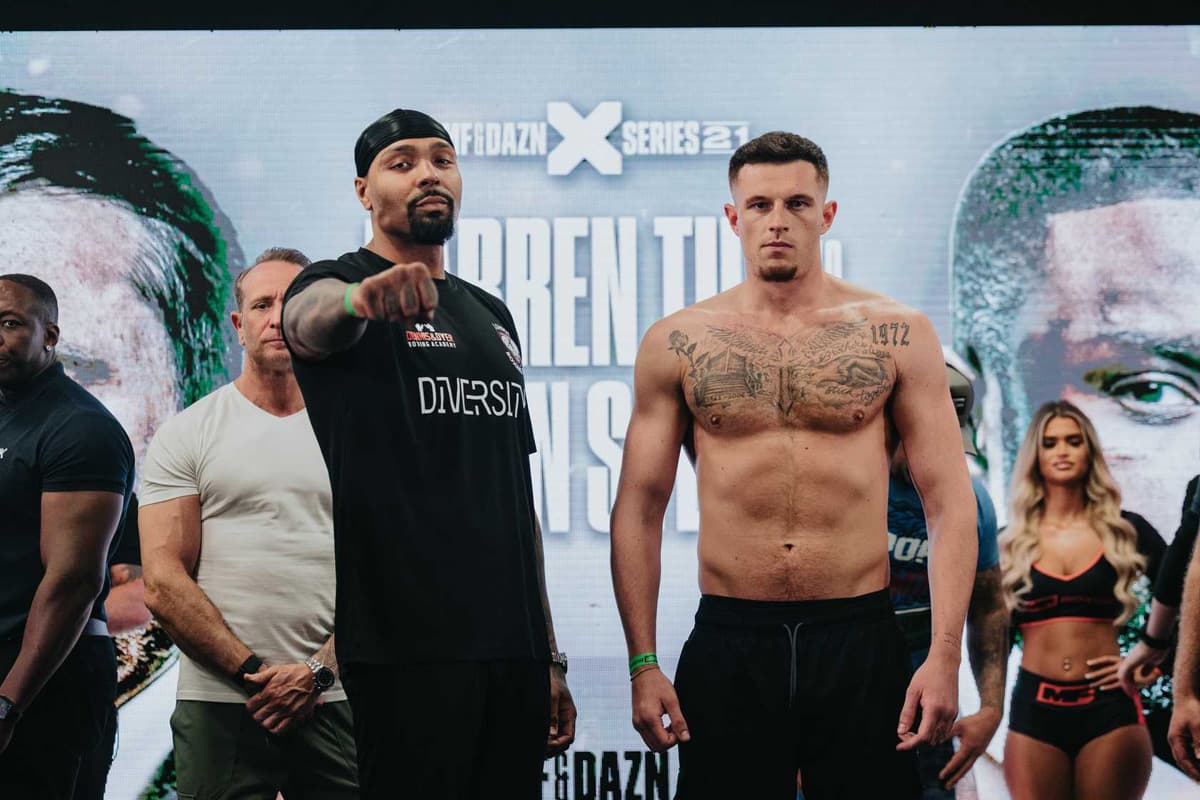 Jordan Banjo and Wil Anderson during the Misfits Boxing 21 weigh-in in Derby, England