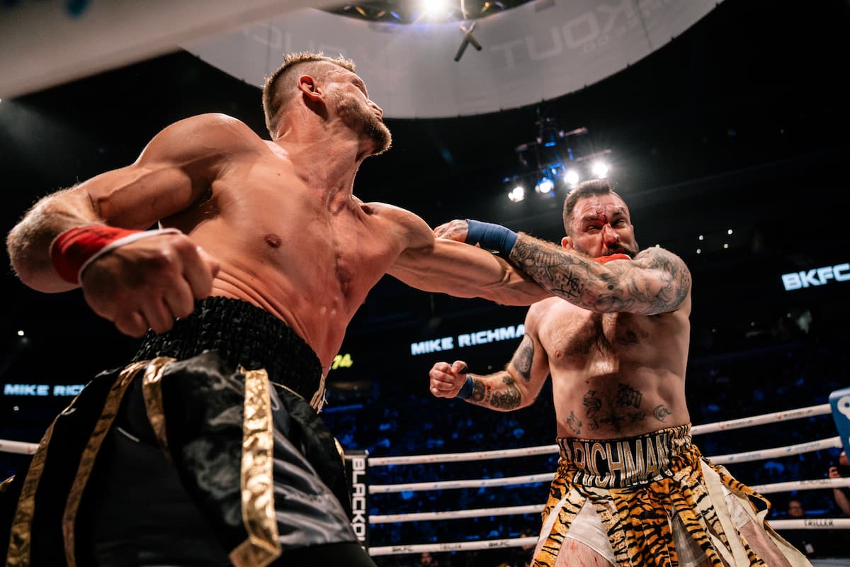 Josh Dyer punches Mike Richman during their bout at BKFC 74 Salt Lake City