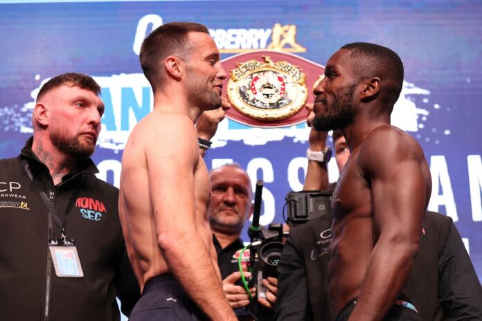 Josh Taylor and Ekow Essuman come face-to-face at the weigh-in, ahead of their boxing bout in Glasgow, Scotland