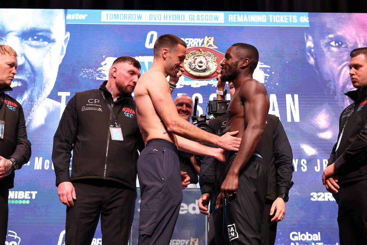 Josh Taylor and Ekow Essuman at the weigh-in ahead of their boxing bout in Glasgow, Scotland