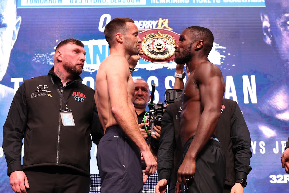 Josh Taylor and Ekow Essuman at the weigh-in ahead of their boxing bout in Glasgow, Scotland