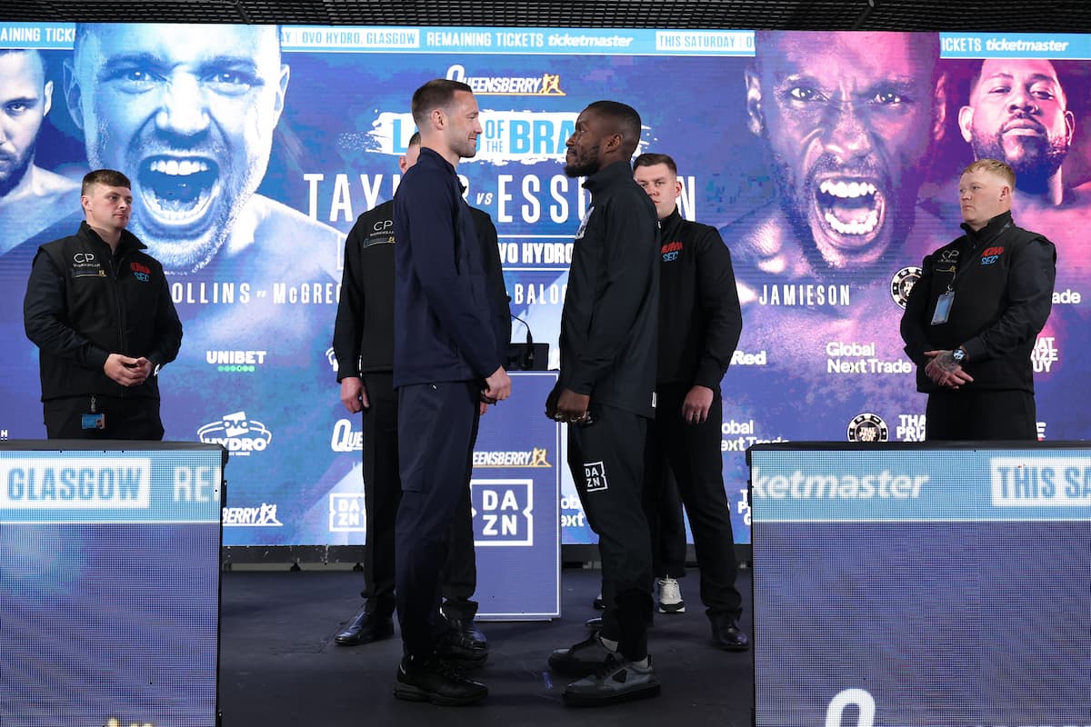 Josh Taylor and Ekow Essuman at the press conference ahead of their boxing bout in Glasgow, Scotland