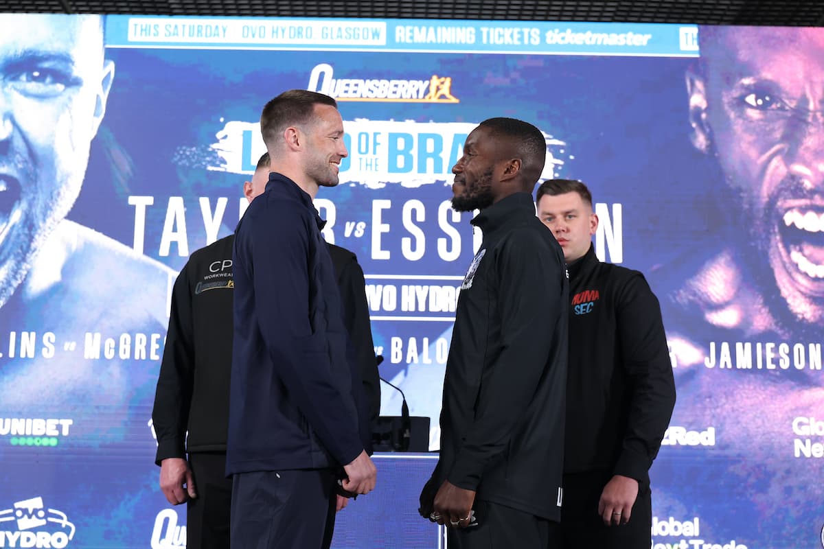 Josh Taylor and Ekow Essuman at the press conference ahead of their boxing bout in Glasgow, Scotland