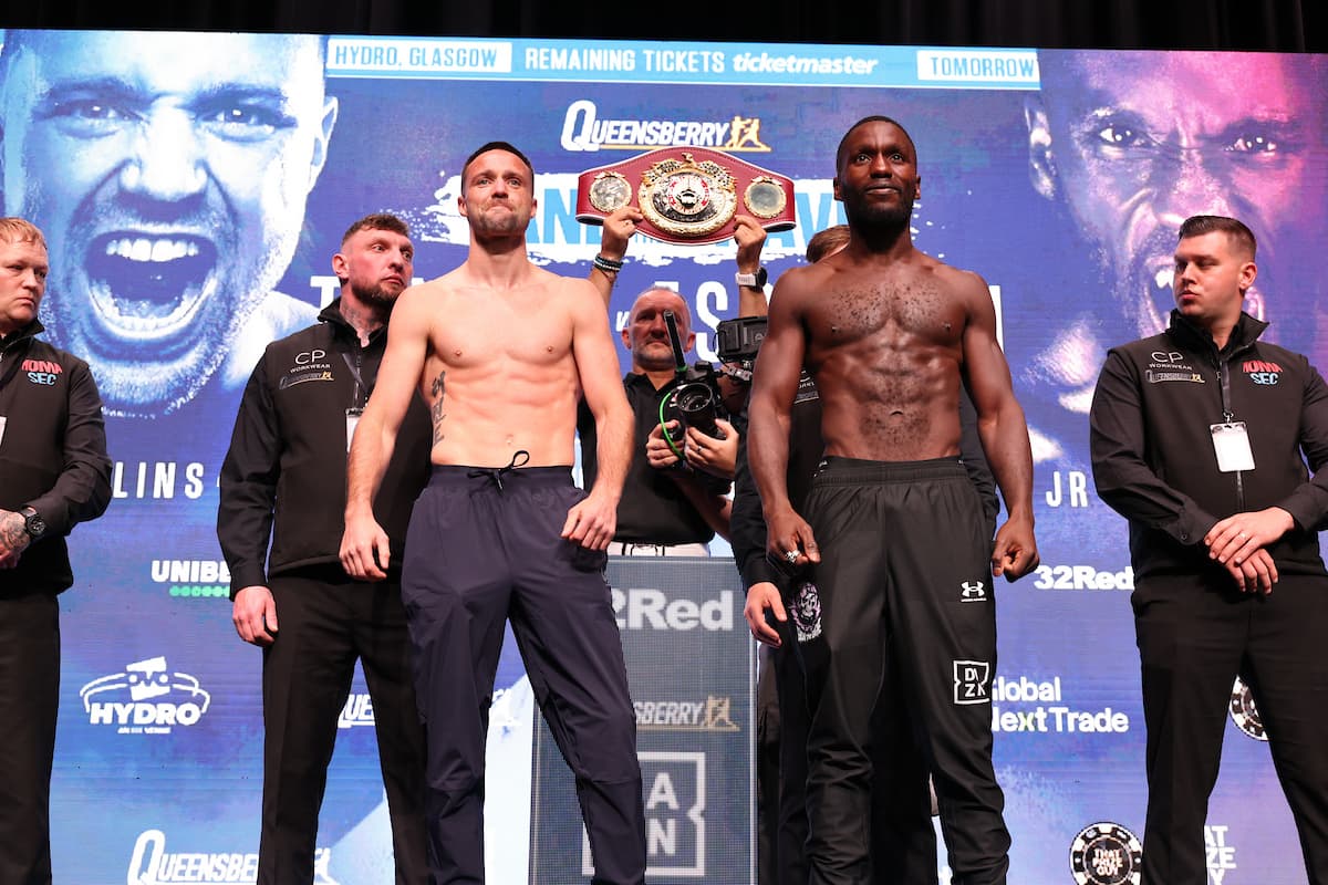 Josh Taylor and Ekow Essuman at the weigh-in ahead of their boxing bout in Glasgow, Scotland