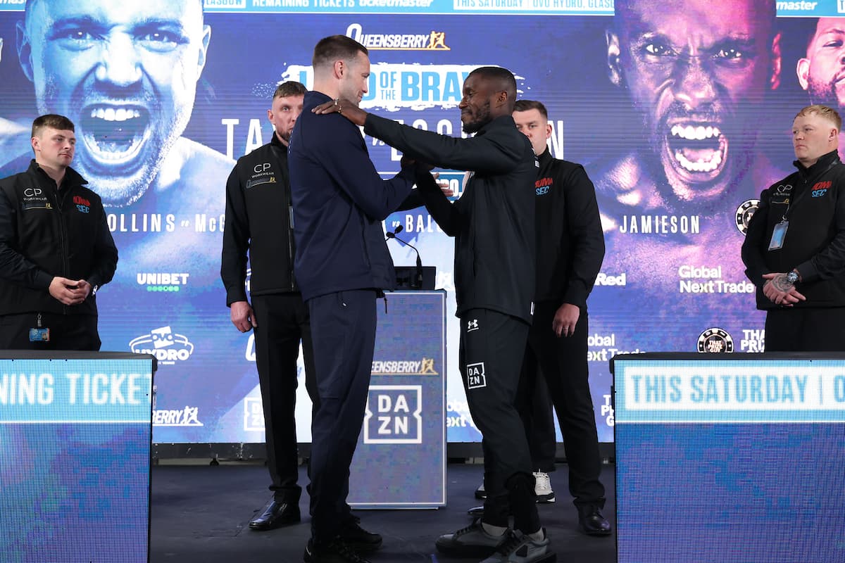 Josh Taylor and Ekow Essuman at the press conference ahead of their boxing bout in Glasgow, Scotland