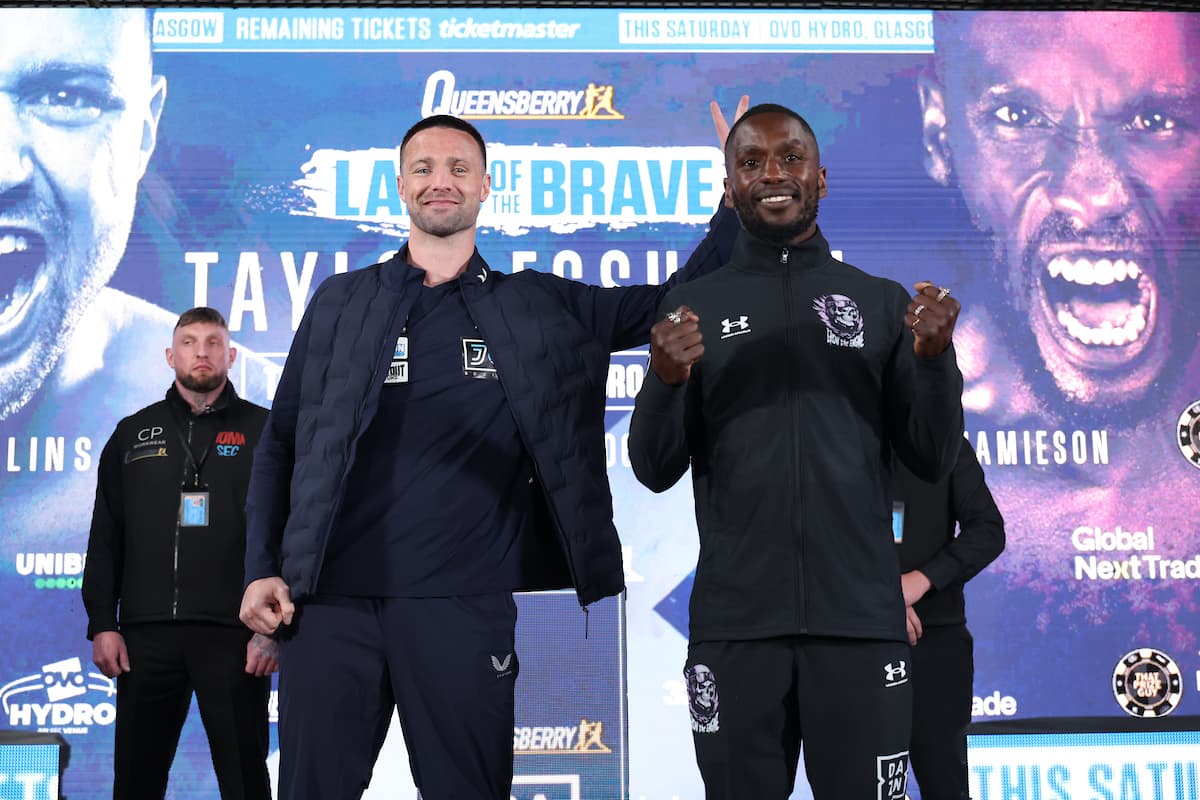 Josh Taylor and Ekow Essuman at the press conference ahead of their boxing bout in Glasgow, Scotland