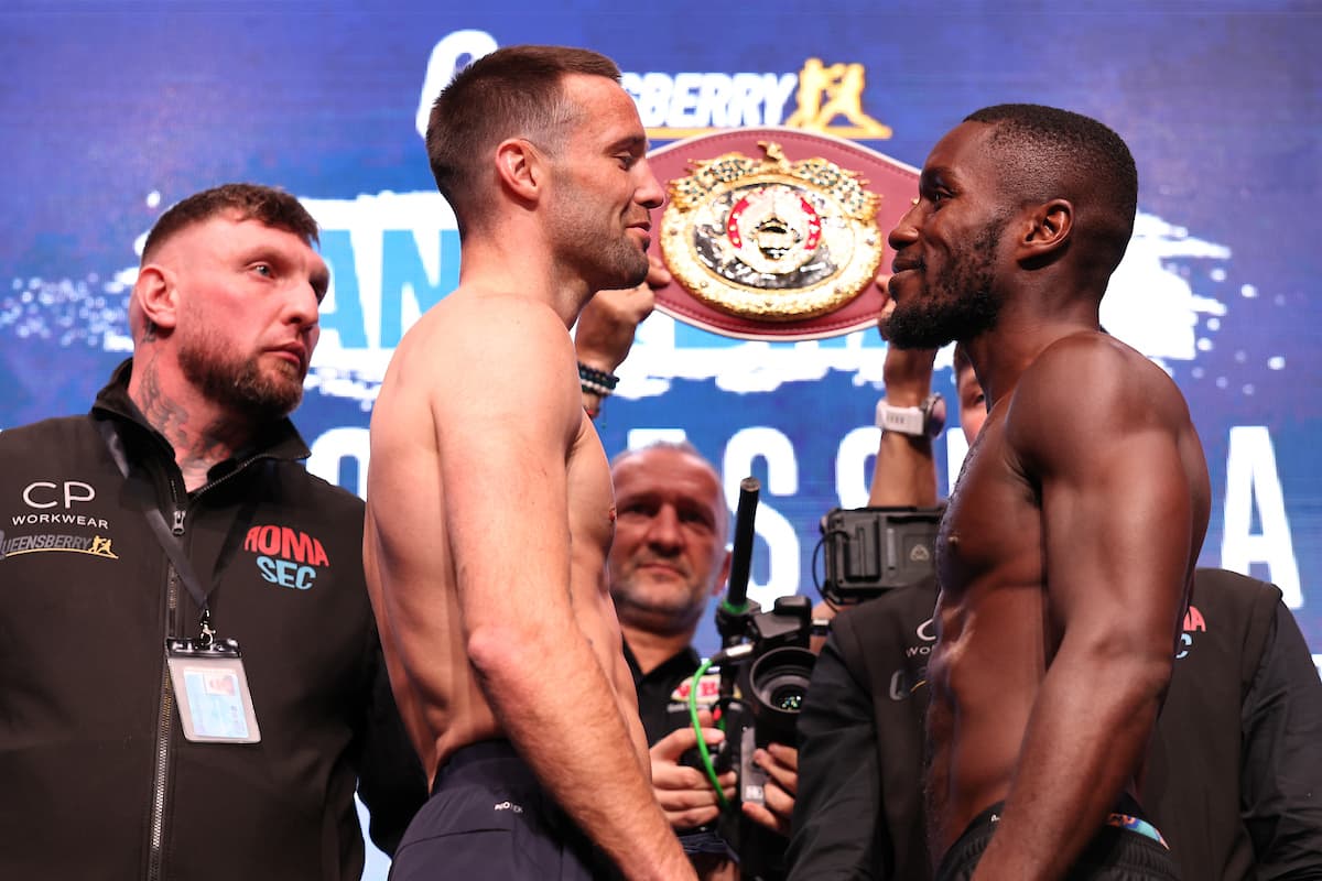 Josh Taylor and Ekow Essuman at the weigh-in ahead of their boxing bout in Glasgow, Scotland