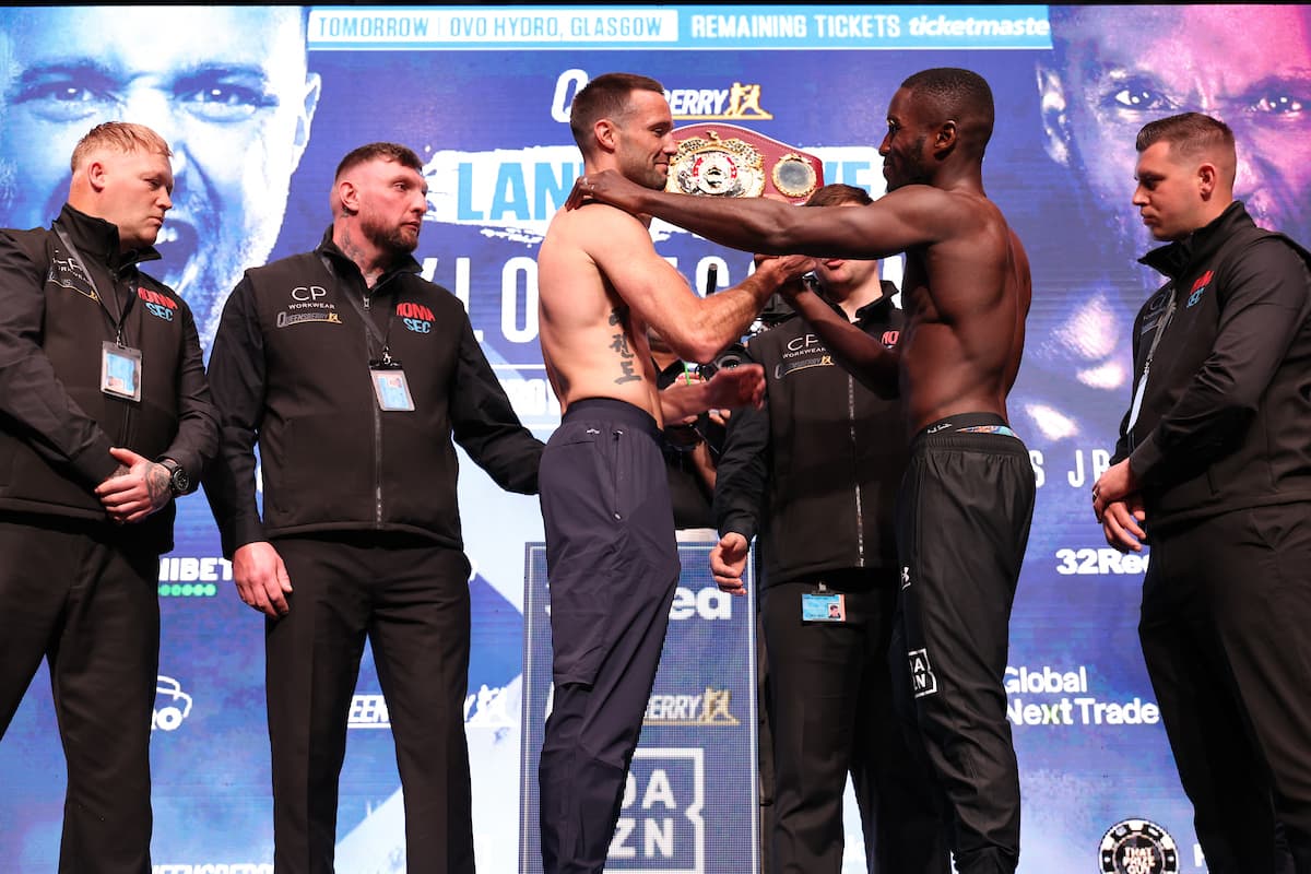 Josh Taylor and Ekow Essuman at the weigh-in ahead of their boxing bout in Glasgow, Scotland