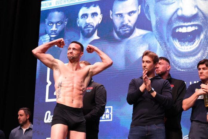 Josh Taylor at the weigh-in ahead of his bout against Ekow Essuman