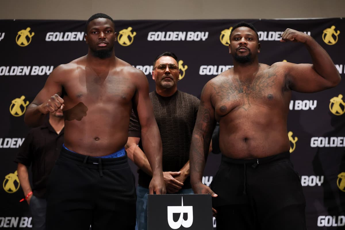 Joshua Edwards and Alexander Rhodes during the weigh-in ahead of their boxing bout in Las Vegas