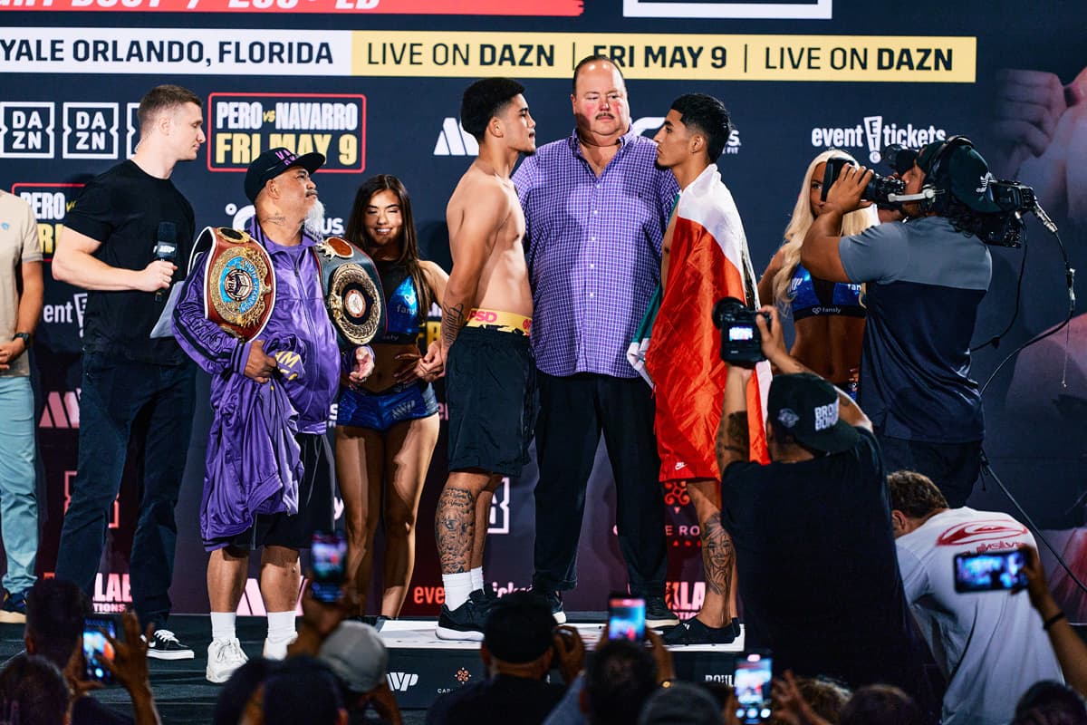 Kaipo Gallegos and Pedro Castaneda Castro face off at the MVP 12 weigh-in ahead of their bout in Orlando