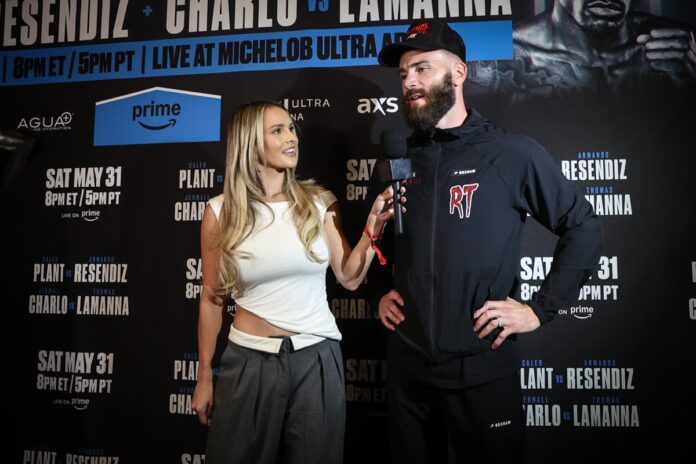 Kinsey Wolanski and Caleb Plant during a media workout at Mandalay Bay Resort and Casino in Las Vegas