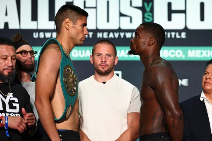Manuel Gallegos and Khalil Coe face each other at the weigh-in ahead of their rematch